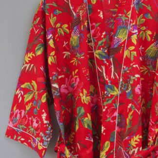 Red Bird Print Kimono Robe