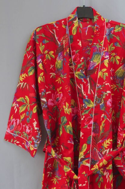 Red Bird Print Kimono Robe