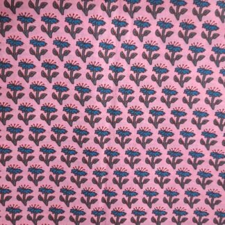 Pink Cobalt Blue Buti Hand Block Printed 100% Cotton Dress Fabric - VDN-0046
