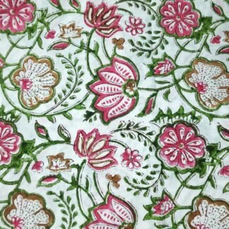 White Pink Lotus Print Hand Block Printed 100% Cotton Dress Fabric - MRH-0043