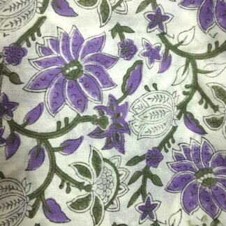 White Purple Flowers Hand Block Printed 100% Cotton Dress Fabric - MRH-0044