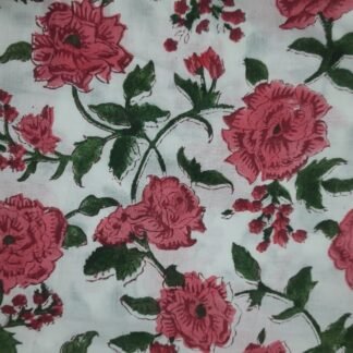 White Pink Flowers Hand Block Printed 100% Cotton Dress Fabric - MRH-0045