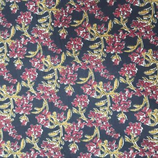 Black Mustard Red Flowers Hand Block Printed 100% Cotton Dress Fabric - PRSM-0030
