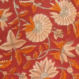 Deep Red Beige Flowers Hand Block Printed 100% Cotton Dress Fabric - VSHN-0011