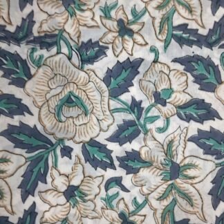 Teel White Floral Hand Block Printed 100% Cotton Dress Fabric - VSHN-0016