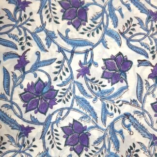 White Purple Floral Hand Block Printed 100% Cotton Dress Fabric - VSHN-0017