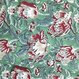 Mint Green Red Flowers Hand Block Printed 100% Cotton Dress Fabric - VSHN-0019