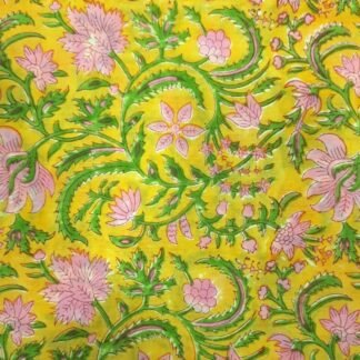 Yellow Pink Floral Hand Block Printed 100% Cotton Dress Fabric - VSHN-0021
