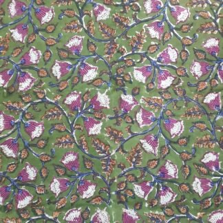 Olive Green White Peach Floral Hand Block Printed 100% Cotton Dress Fabric - VSHN-0024