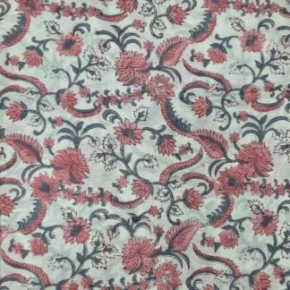 Off White Grey Pink Floral Hand Block Printed 100% Cotton Dress Fabric - VSHN-0025