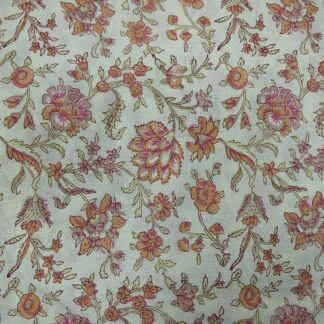 Off White Brown Floral Hand Block Printed 100% Cotton Dress Fabric - VSHN-004