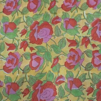 Yellow Red Roses Hand Block Printed 100% Cotton Dress Fabric - VSHN-007