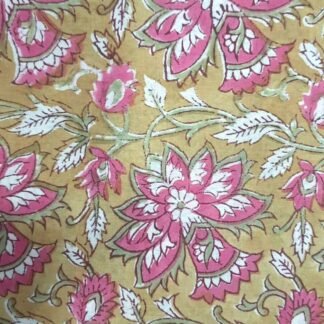 Mustard Yellow Pink Floral Hand Block Printed 100% Cotton Dress Fabric - VSHN-009
